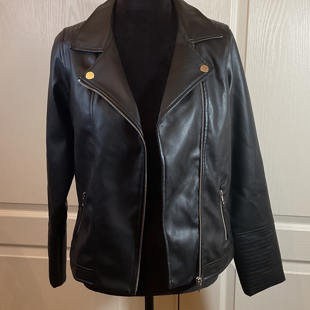 Art Class Women's Black Faux Leather Moto Jacket with Gold Accents